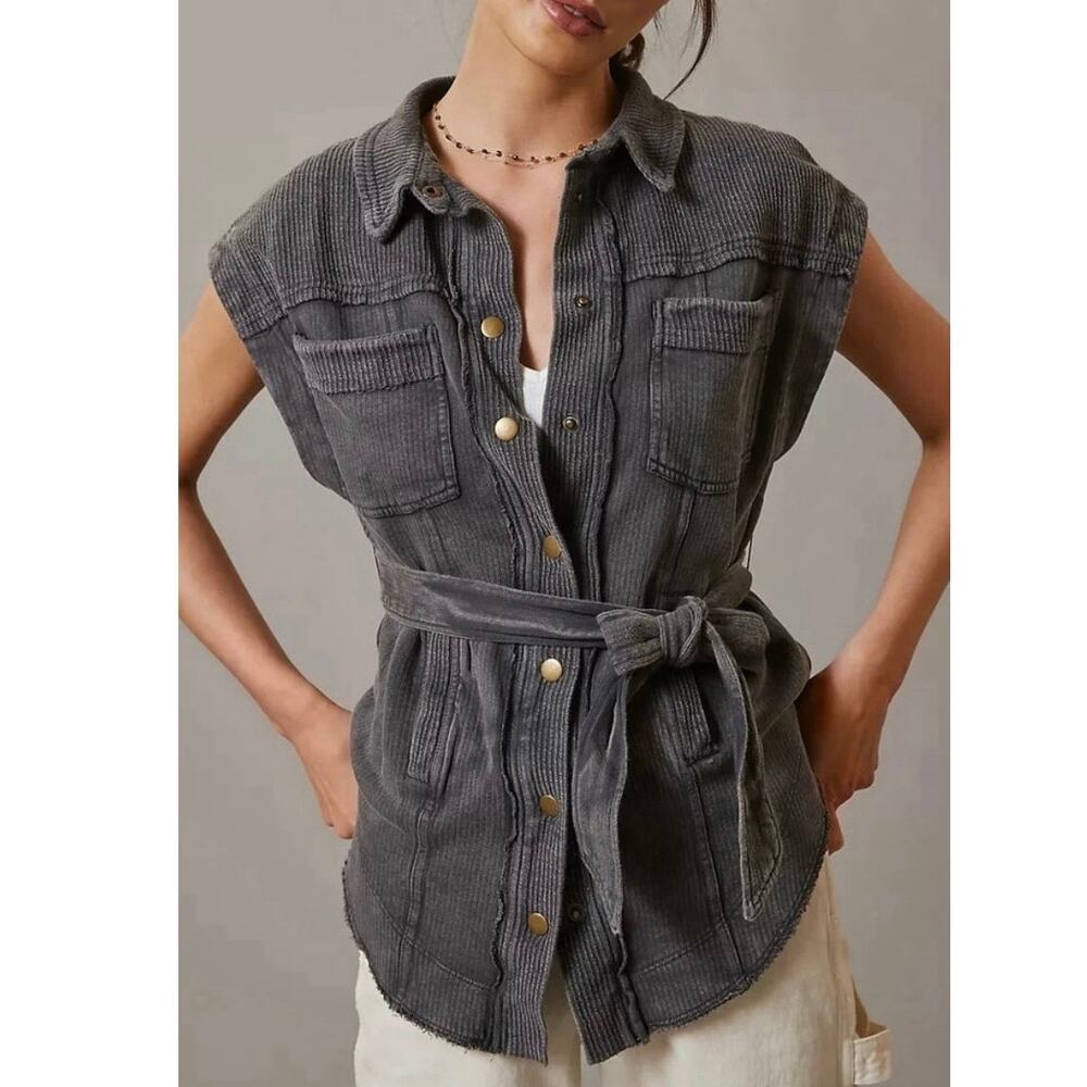 Pilcro Anthropologie XL Carbon Gray Belted Utility Vest Washed Button Front